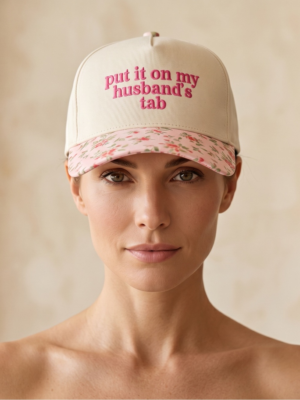 Put It On My Husband’s Tab - Adjustable Floral Cap with Pink Embroidery